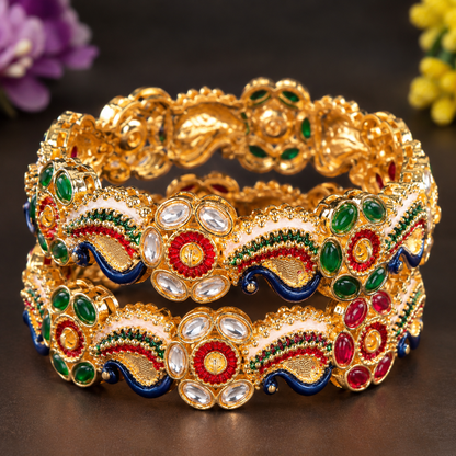 Traditional Gold-Plated Meenakari Kada Bangles with Multicolor Stonework - Set Of 2