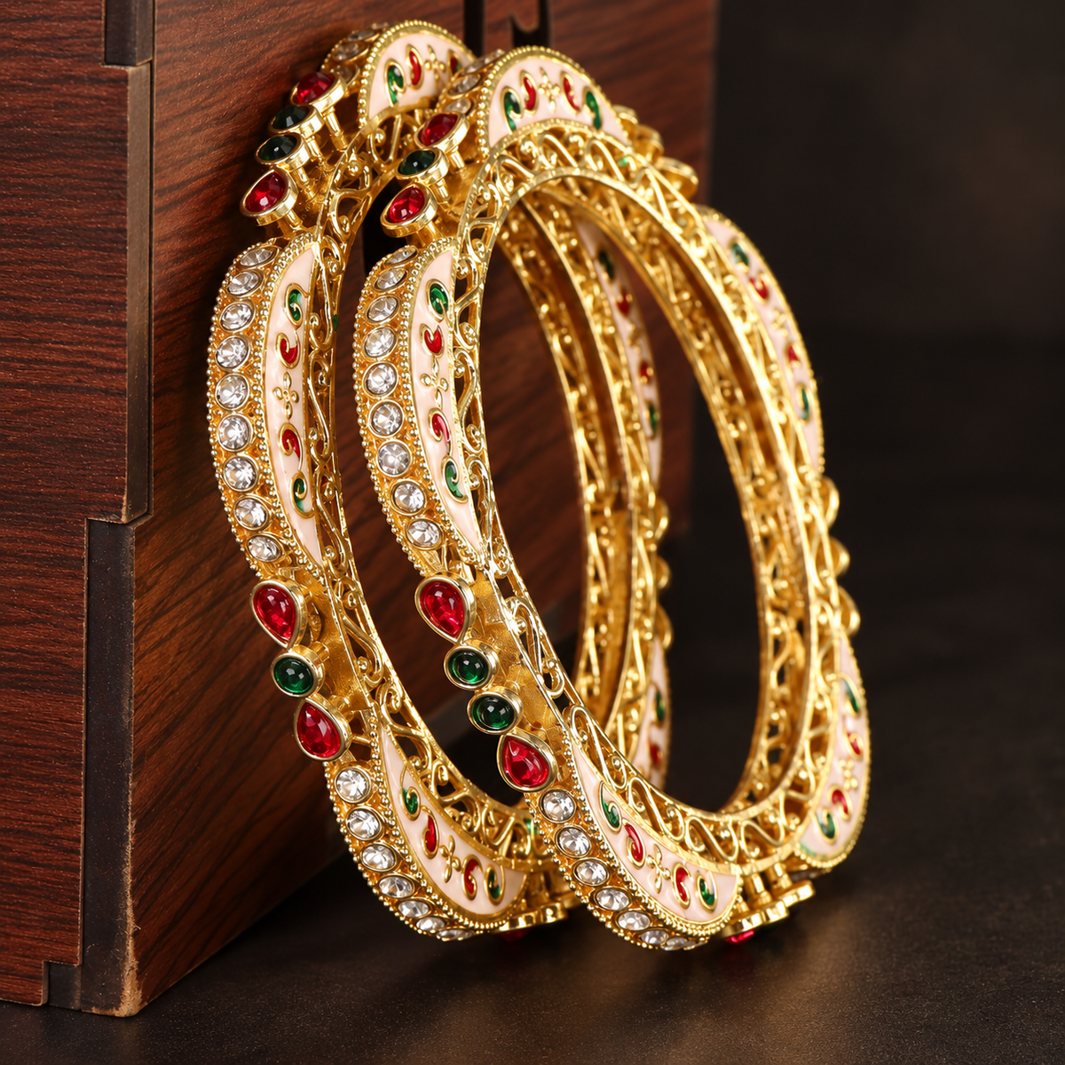 Gold-Multi Bridal Bangles with Red, Green & White Stone Bangle Set - Set Of 2