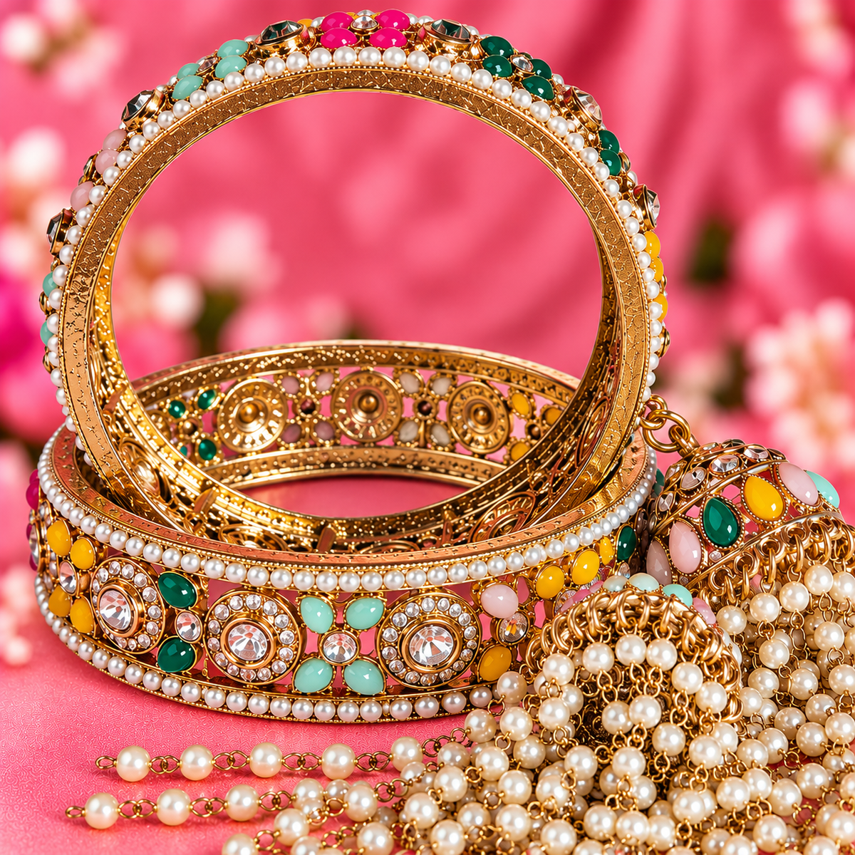 Premium AntiqueMulti Pearl-Studded Kundan Kada Bangles with Latkan - Set Of 2