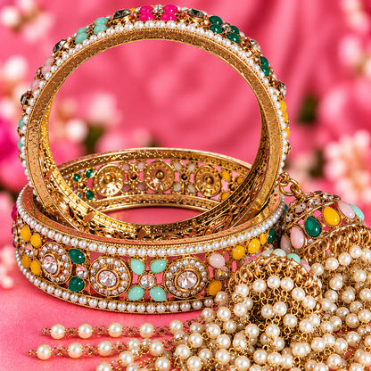 Premium AntiqueMulti Pearl-Studded Kundan Kada Bangles with Latkan - Set Of 2