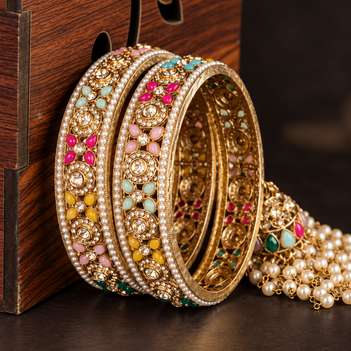 Premium AntiqueMulti Pearl-Studded Kundan Kada Bangles with Latkan - Set Of 2