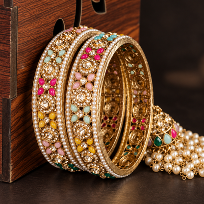 Premium AntiqueMulti Pearl-Studded Kundan Kada Bangles with Latkan - Set Of 2