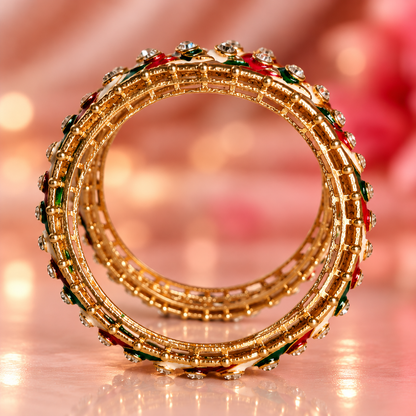 Gold Plated, Red-Green Design & White Stone Studded Bangles Set - Set Of 2