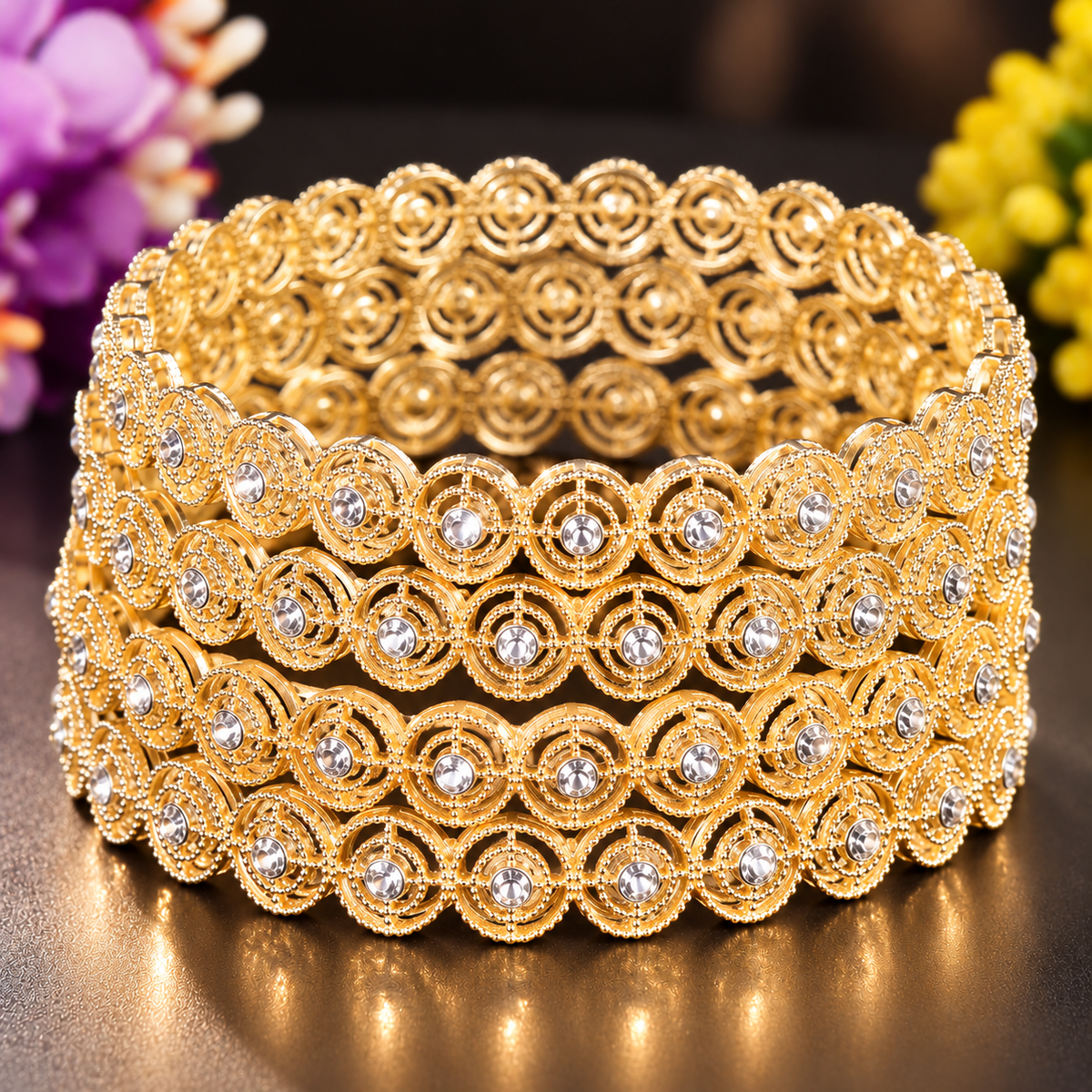 Premium Gold Plated With Sparkling Crystal Stones Bangles Set -Set Of 4
