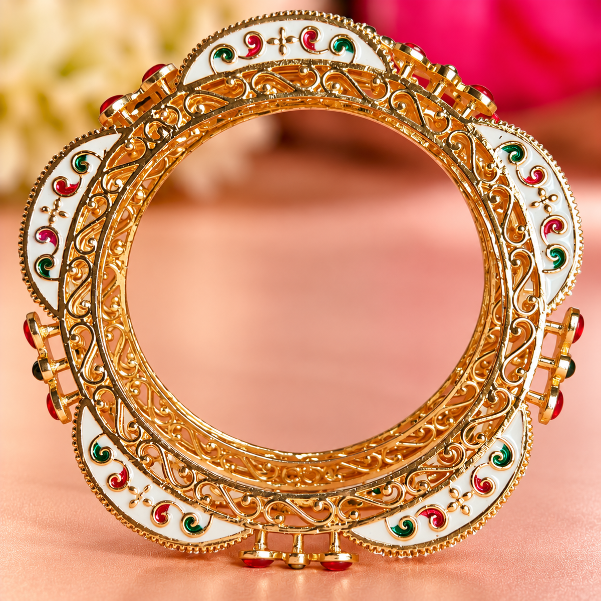 Gold-Multi Bridal Bangles with Red, Green & White Stone Bangle Set - Set Of 2