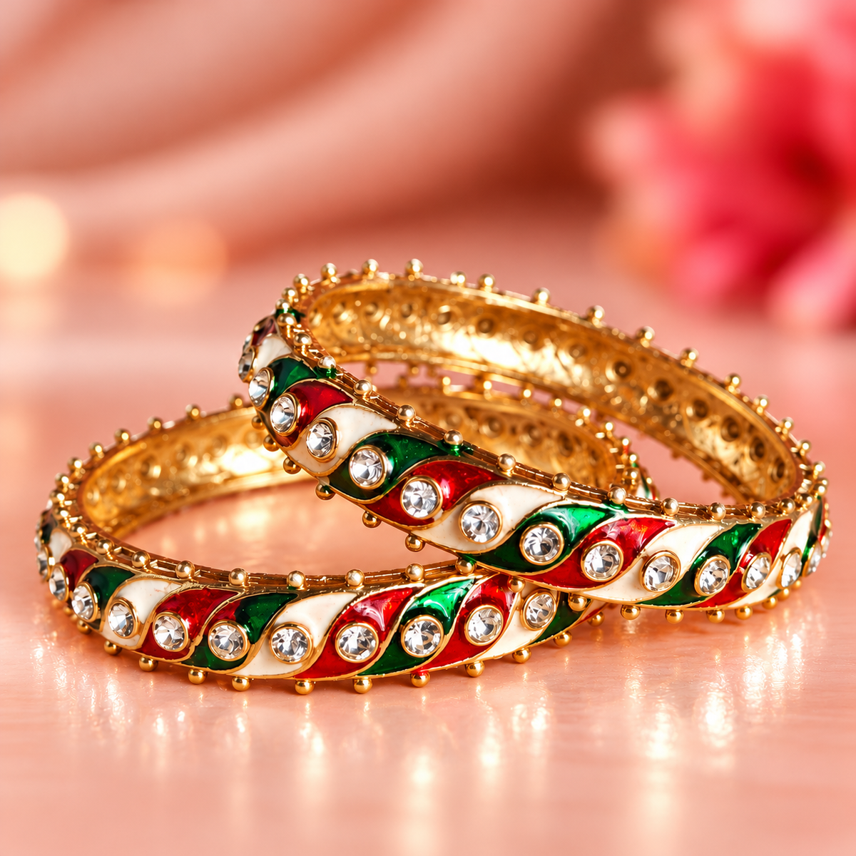 Gold Plated, Red-Green Design & White Stone Studded Bangles Set - Set Of 2