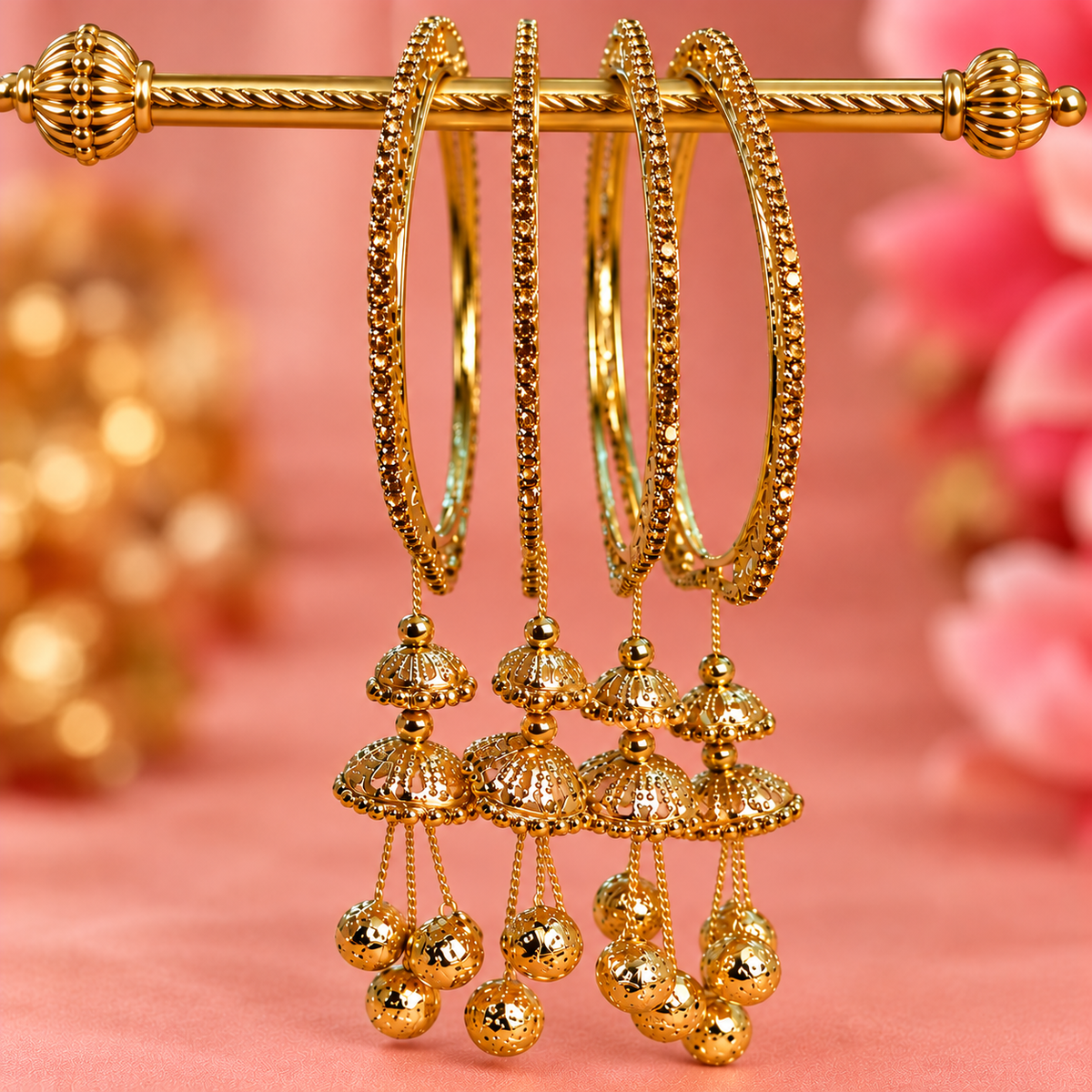Gold Plated Designer Bangles Set with Sparkling Stone Work - Set Of 4