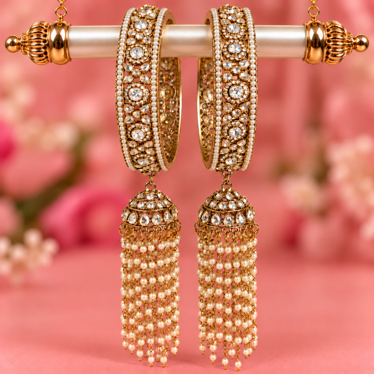 Premium Goldsilver Pearl-Studded Kundan Kada Bangles with Latkan - Set Of 2