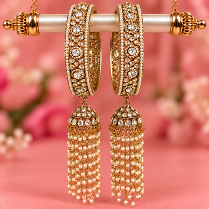 Premium Goldsilver Pearl-Studded Kundan Kada Bangles with Latkan - Set Of 2
