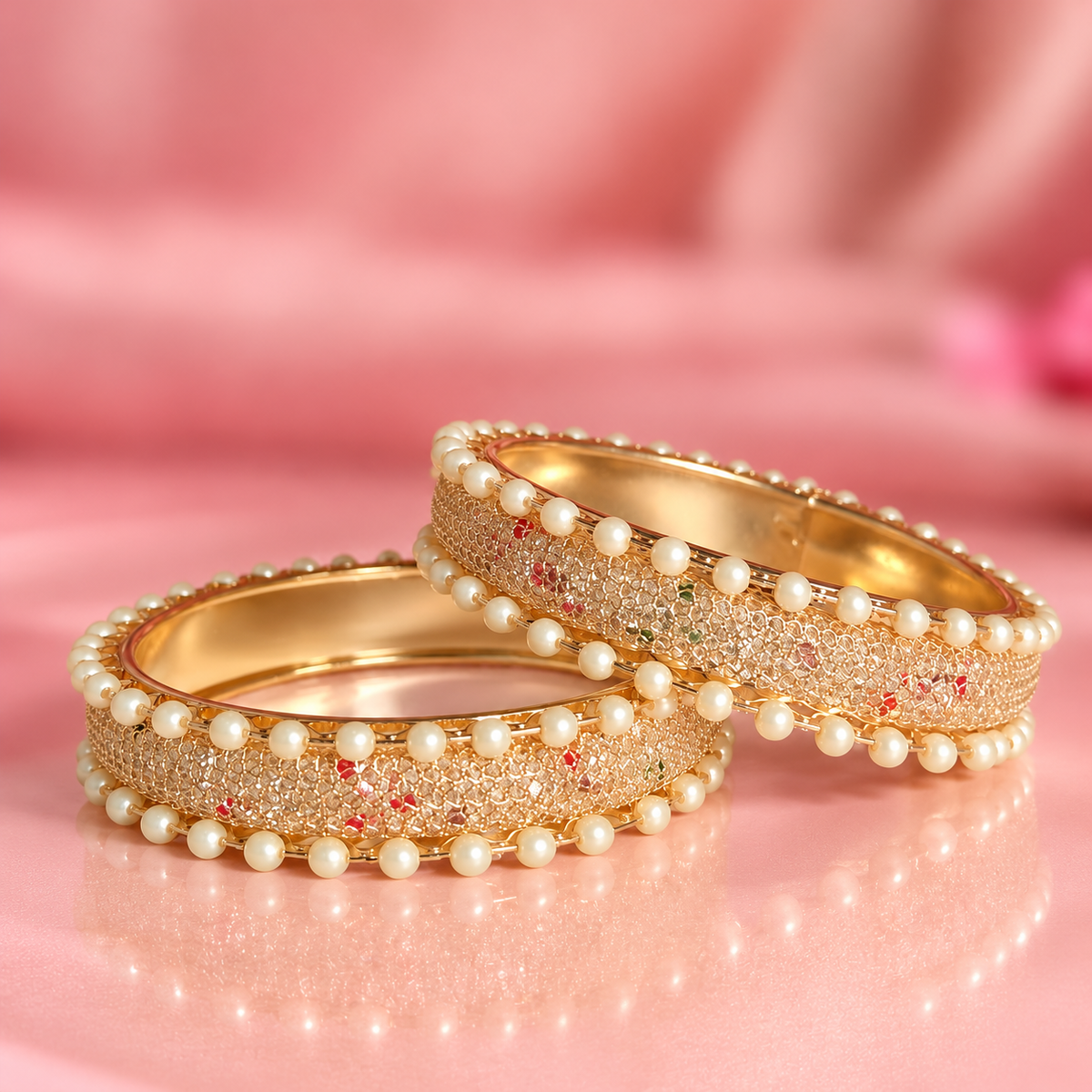 Pearl-Embellished GoldMulti Designer Bangles Set With Stylish Pearls - Set Of 2