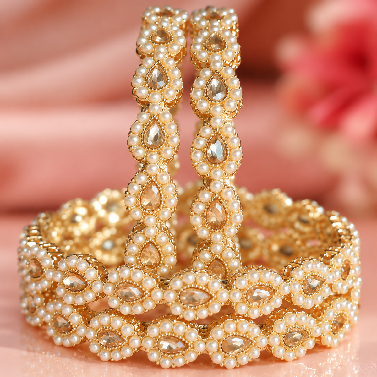 Gold Plated Pearl and Crystal Stone Studded Bridal Bangles Set - Set Of 4