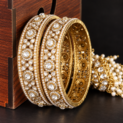Premium Goldsilver Pearl-Studded Kundan Kada Bangles with Latkan - Set Of 2
