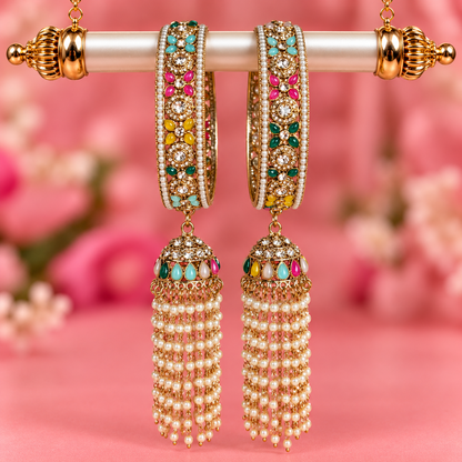 Premium AntiqueMulti Pearl-Studded Kundan Kada Bangles with Latkan - Set Of 2