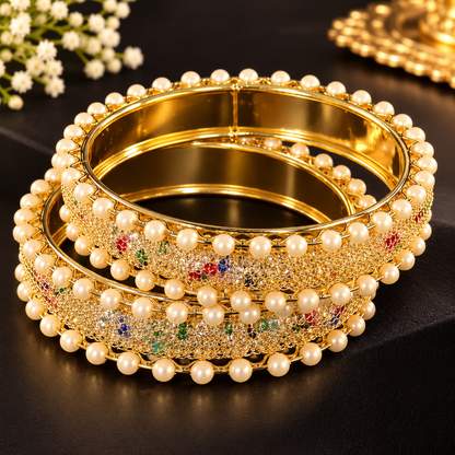 Pearl-Embellished GoldMulti Designer Bangles Set With Stylish Pearls - Set Of 2