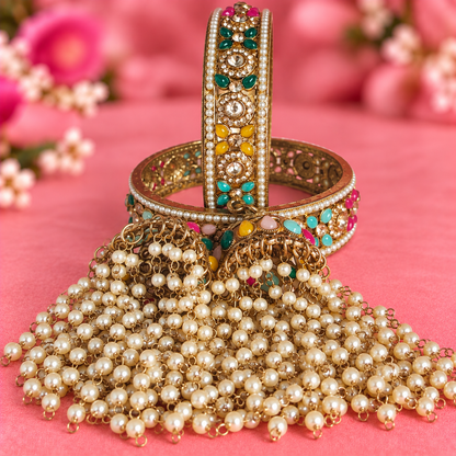 Premium AntiqueMulti Pearl-Studded Kundan Kada Bangles with Latkan - Set Of 2