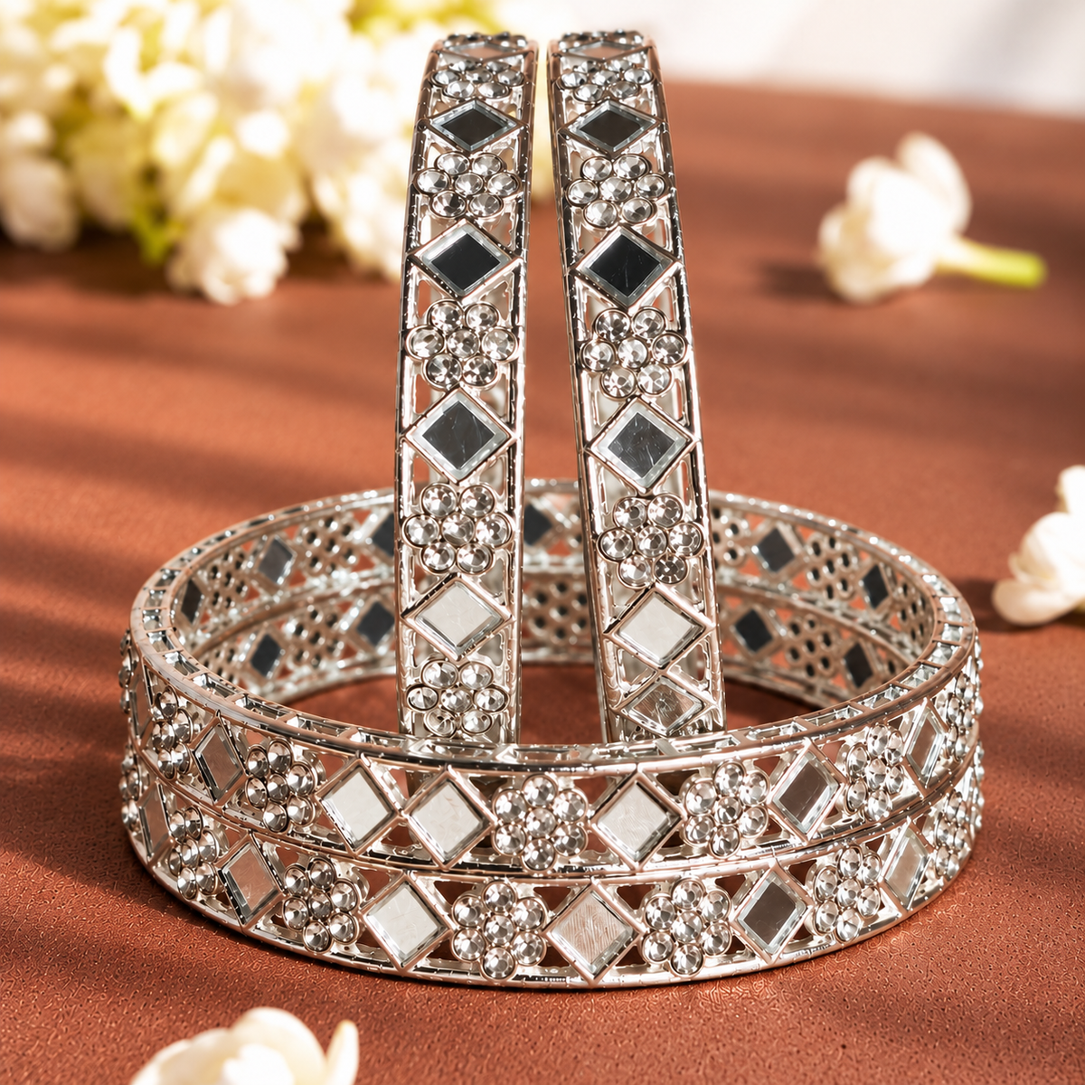 Premium Silver Plated Bangles with American Diamond Bangles Set - Set Of 4