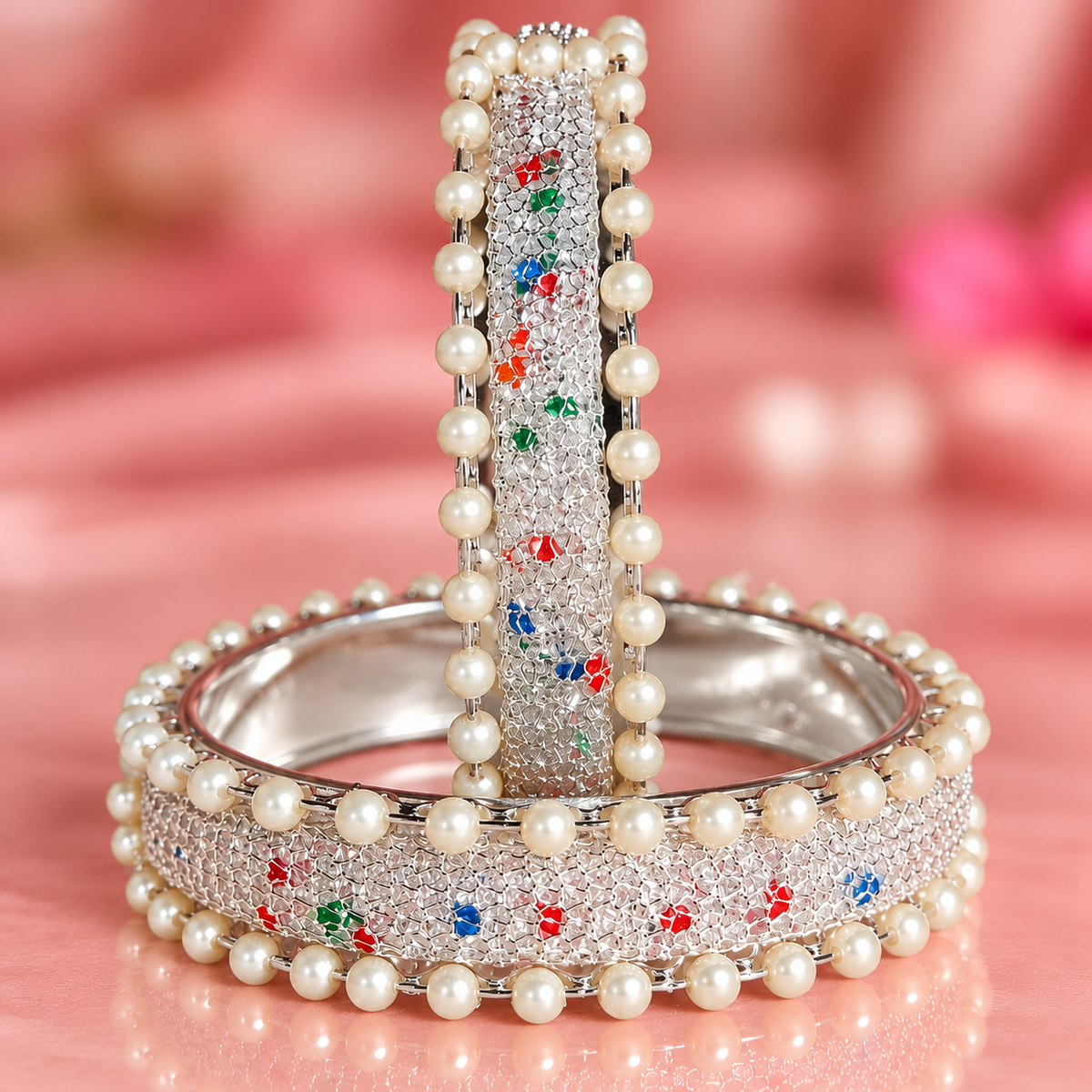 Pearl-Embellished White-Multi Designer Bangles Set With Stylish Pearls - Set Of 2