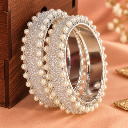 Pearl-Embellished White Designer Bangles Set With Stylish Pearls - Set Of 2
