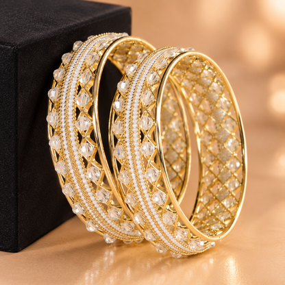 Designer Gold Plated Alloy Bangles Set With Stones Pearl - Set Of 2
