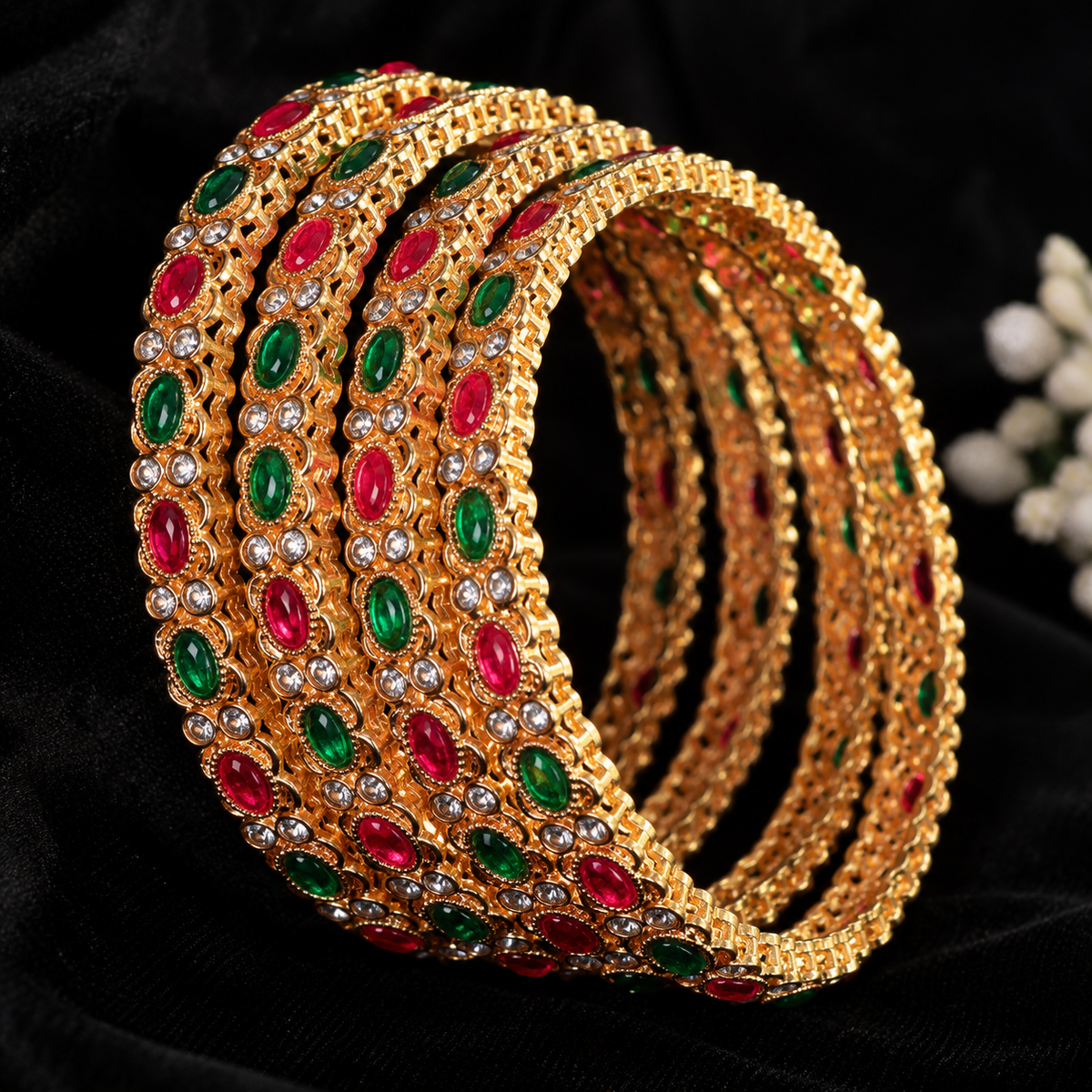Gold Plated Traditional Bangles Set with Multicolor Red and Green Stone Work - Set Of 4