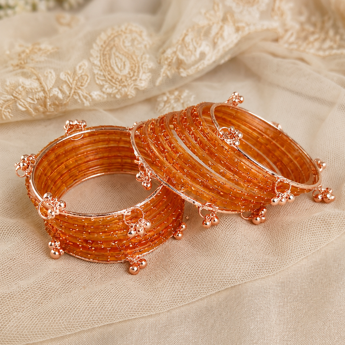 Trendy Glass Bangles With RoseGold Ghunghroo Set - Set Of 16
