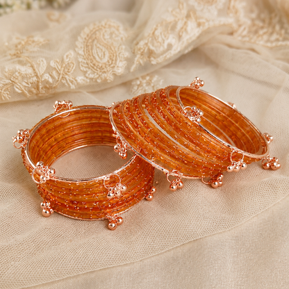 Trendy Glass Bangles With RoseGold Ghunghroo Set - Set Of 16