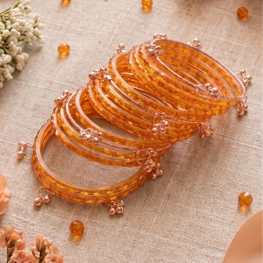 Trendy Glass Bangles With RoseGold Ghunghroo Set - Set Of 16