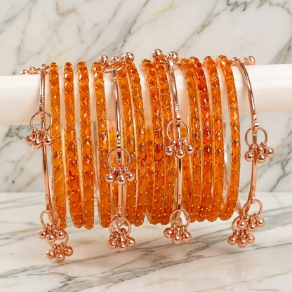 Trendy Glass Bangles With RoseGold Ghunghroo Set - Set Of 16