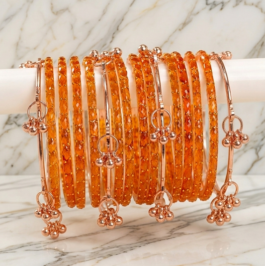 Trendy Glass Bangles With RoseGold Ghunghroo Set - Set Of 16