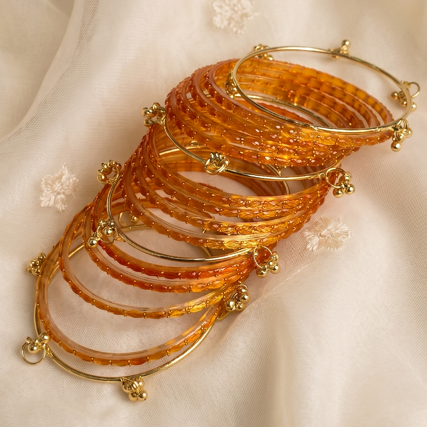 Trendy Glass Bangles With Gold Ghunghroo Set - Set Of 16