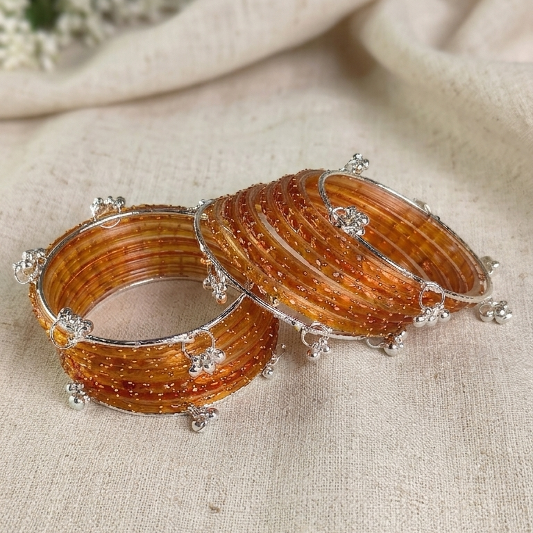 Trending Glass Bangle With Silver Ghunghroo Set For Women & Girls - Set Of 16