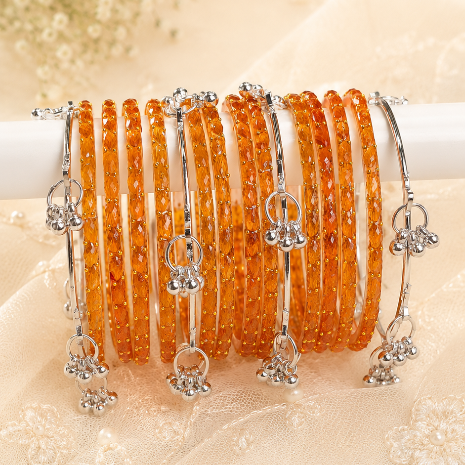 Trending Glass Bangle With Silver Ghunghroo Set For Women & Girls - Set Of 16