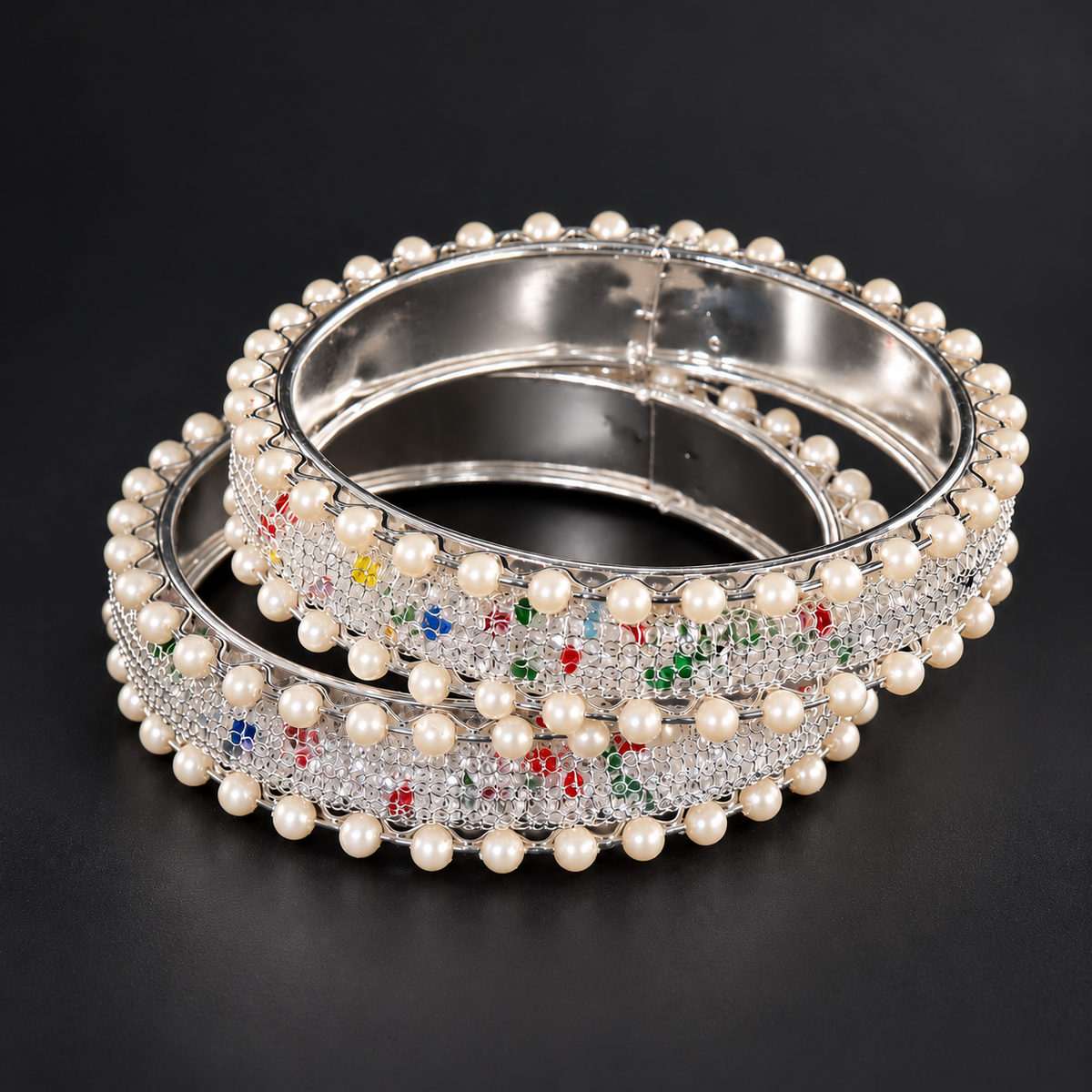 Pearl-Embellished White-Multi Designer Bangles Set With Stylish Pearls - Set Of 2