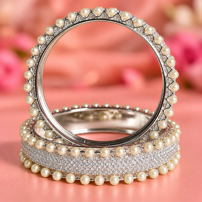 Pearl-Embellished White Designer Bangles Set With Stylish Pearls - Set Of 2