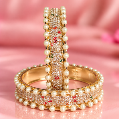 Pearl-Embellished GoldMulti Designer Bangles Set With Stylish Pearls - Set Of 2