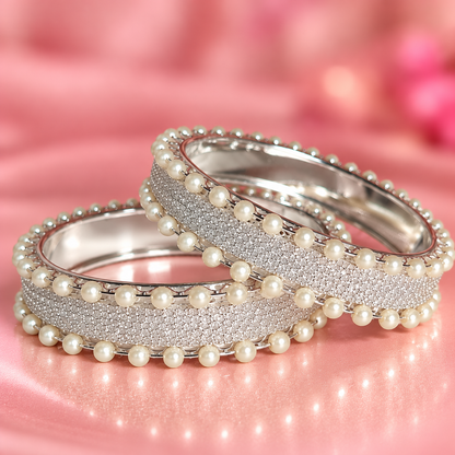 Pearl-Embellished White Designer Bangles Set With Stylish Pearls - Set Of 2