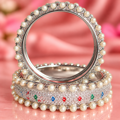Pearl-Embellished White-Multi Designer Bangles Set With Stylish Pearls - Set Of 2