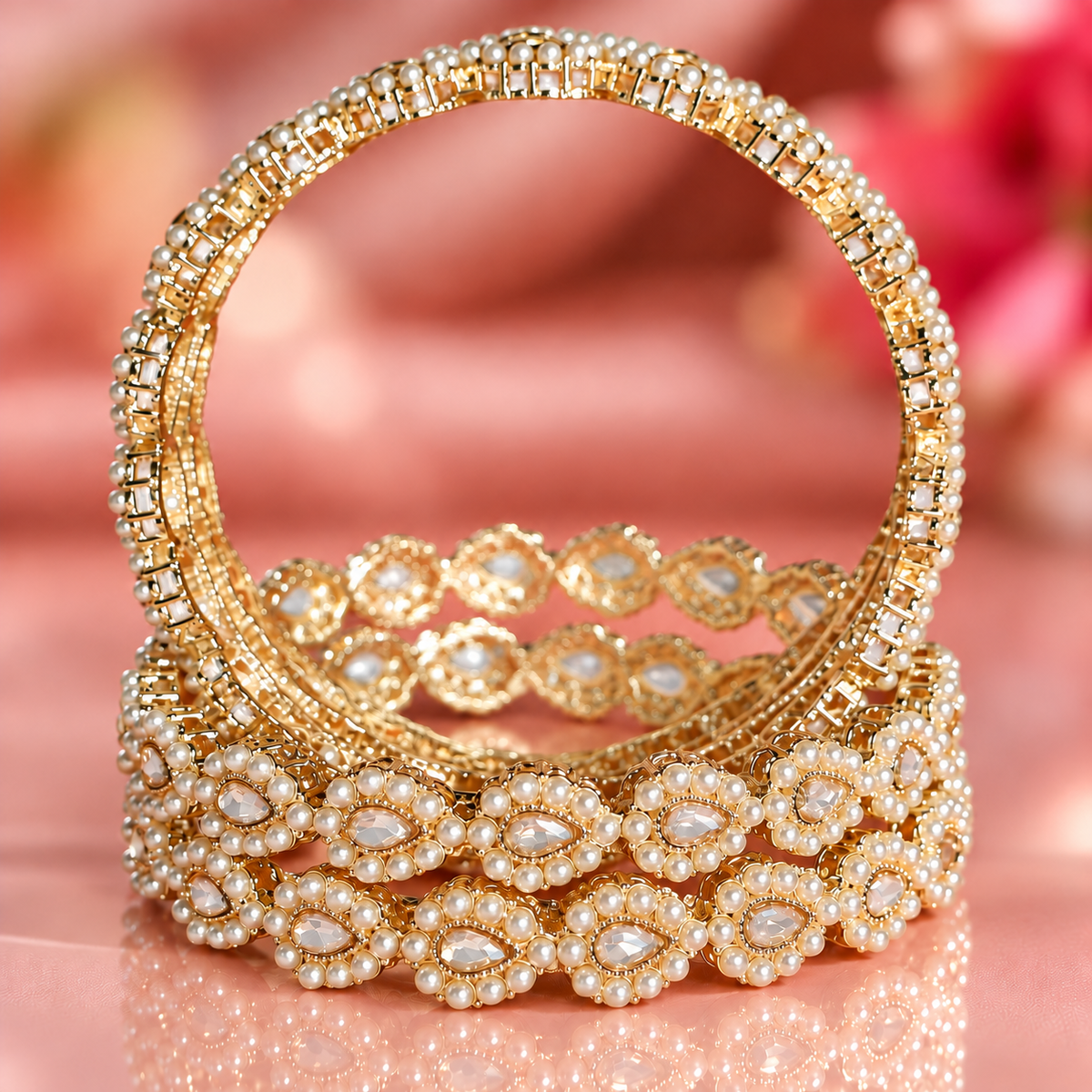 GoldSilver Plated Pearl and Crystal Stone Studded Bridal Bangles Set - Set Of 4