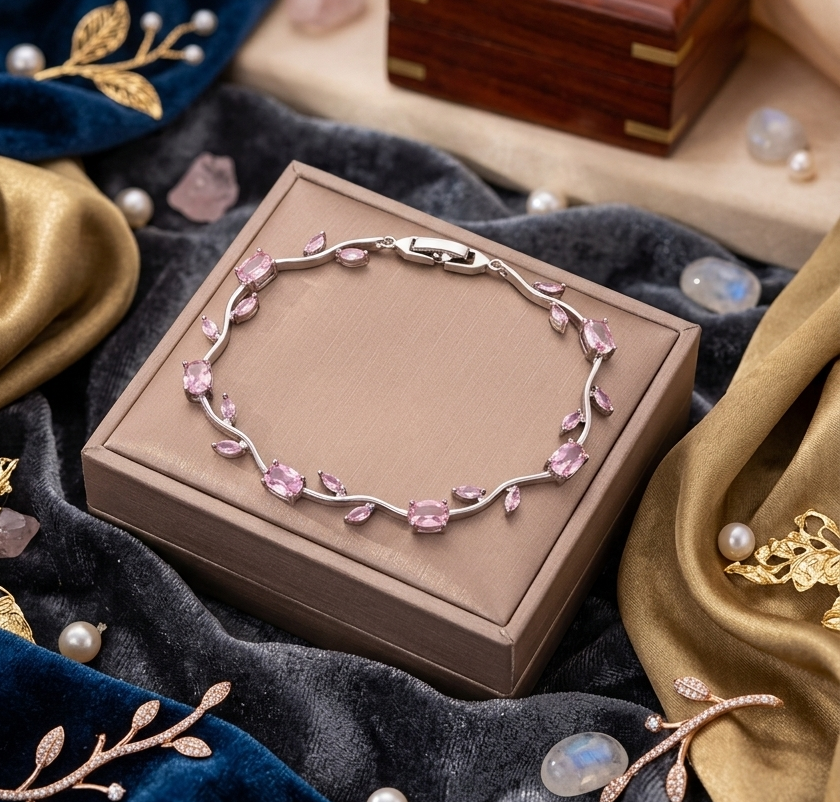 Trendy Tulip  Pink Crystal Bracelet  Floral Design Silver Plated Bracelet