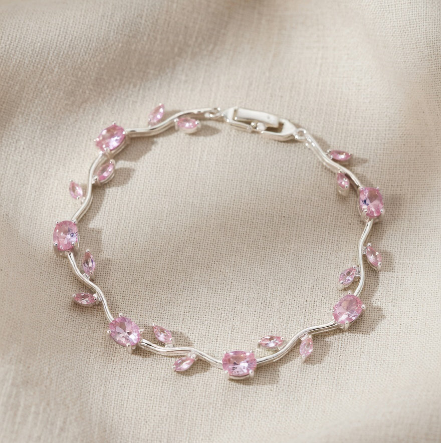 Trendy Tulip  Pink Crystal Bracelet  Floral Design Silver Plated Bracelet