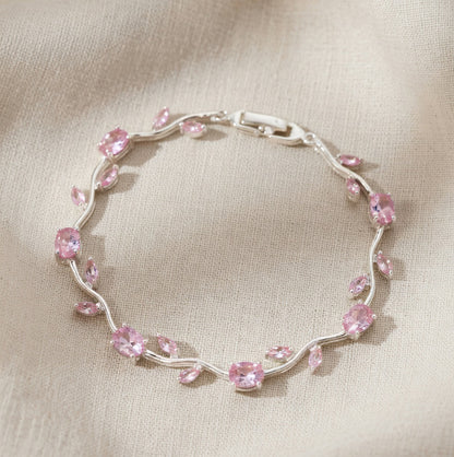 Trendy Tulip  Pink Crystal Bracelet  Floral Design Silver Plated Bracelet
