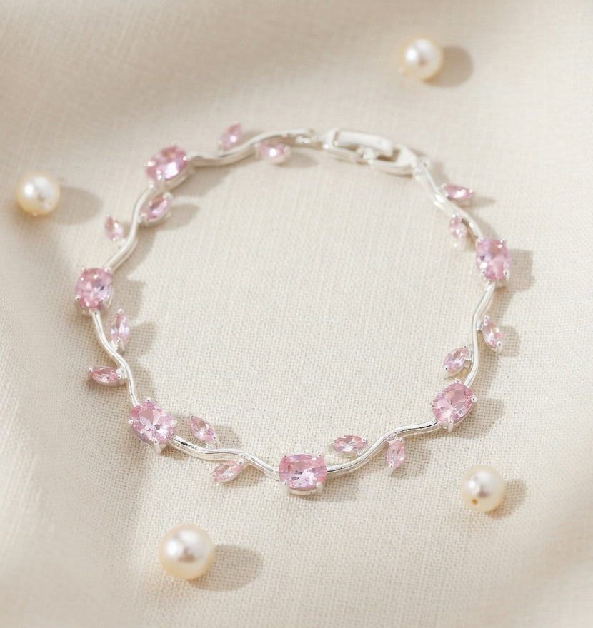 Trendy Tulip  Pink Crystal Bracelet  Floral Design Silver Plated Bracelet