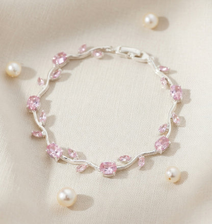 Trendy Tulip  Pink Crystal Bracelet  Floral Design Silver Plated Bracelet