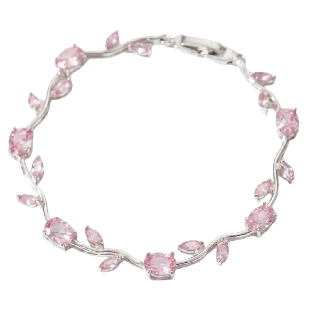 Trendy Tulip  Pink Crystal Bracelet  Floral Design Silver Plated Bracelet