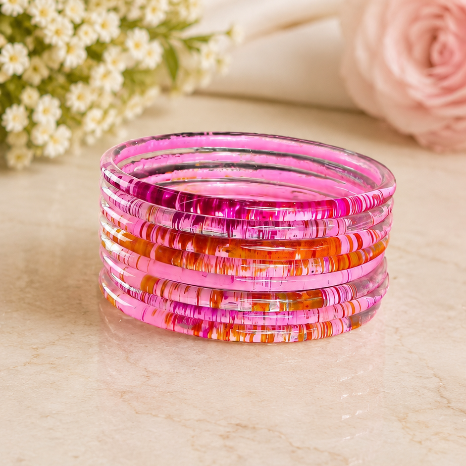 Glossy 3D Glass Bangle Set For Women - Set Of 8