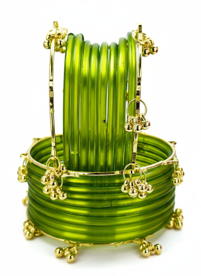 Trendy Ghungroo Glass Bangles Set for Women & Girls | TGreen Kashmiri Style Bangles | Pack of 20 with Golden Metal Charm