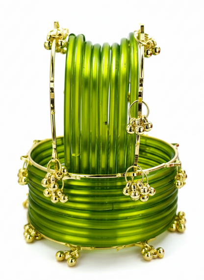 Trendy Ghungroo Glass Bangles Set for Women & Girls | TGreen Kashmiri Style Bangles | Pack of 20 with Golden Metal Charm