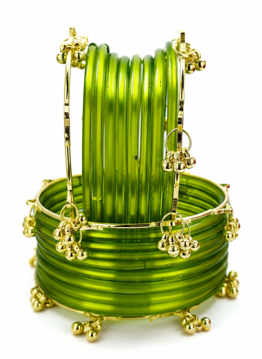 Trendy Ghungroo Glass Bangles Set for Women & Girls | TGreen Kashmiri Style Bangles | Pack of 20 with Golden Metal Charm