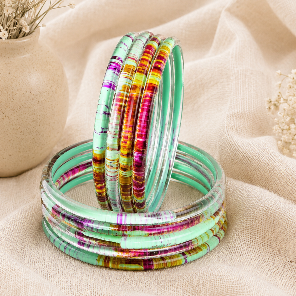 Glossy 3D Glass Bangle Set For Women - Set Of 8