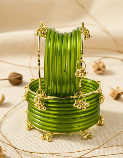 Trendy Ghungroo Glass Bangles Set for Women & Girls | TGreen Kashmiri Style Bangles | Pack of 20 with Golden Metal Charm